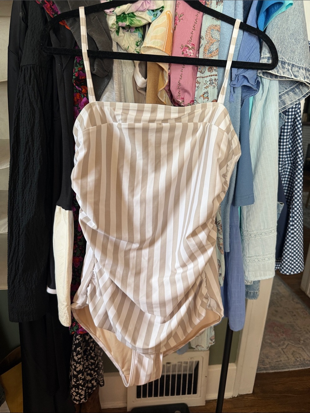 Albion Beige & White Striped Spaghetti Strap Bodysuit